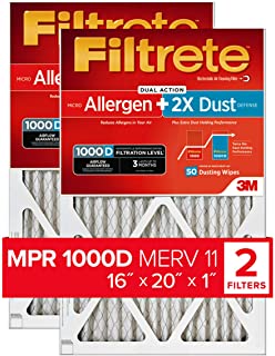 Filtrete 16x20x1, AC Furnace Air Filter, MPR 1000D, Micro Allergen PLUS DUST, 2-Pack (exact dimensions 15.69 x 19.69 x 0.81)