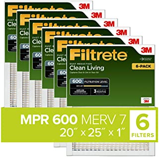 Filtrete 20x25x1, AC Furnace Air Filter, MPR 600, Clean Living Dust Reduction, 6-Pack (exact dimensions 19.69 x 24.69 x 0.81)